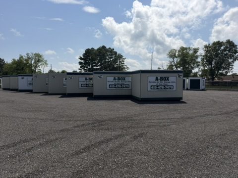 Rows of A Box branded portable storage containers in the company yard in Cambridge, Maryland