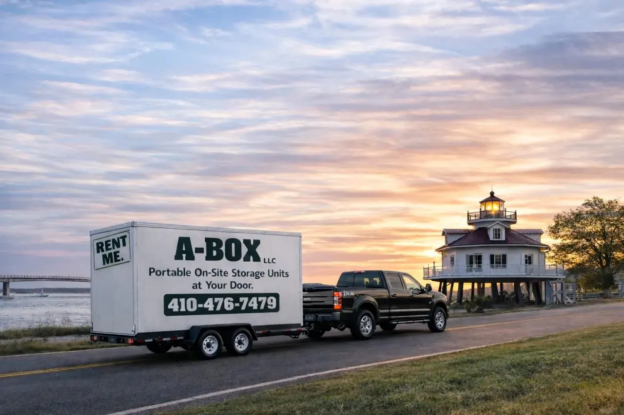 A Box Portable Storage truck delivering a branded storage container past the Hooper Strait Lighthouse on Maryland's Eastern Shore